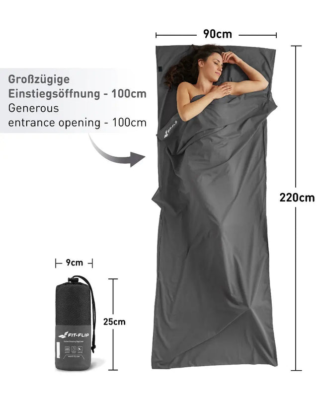 Hüttenschlafsack Baumwolle ultraleicht mit Kissenfach 90x220cm dunkelgrau von Fit-Flip