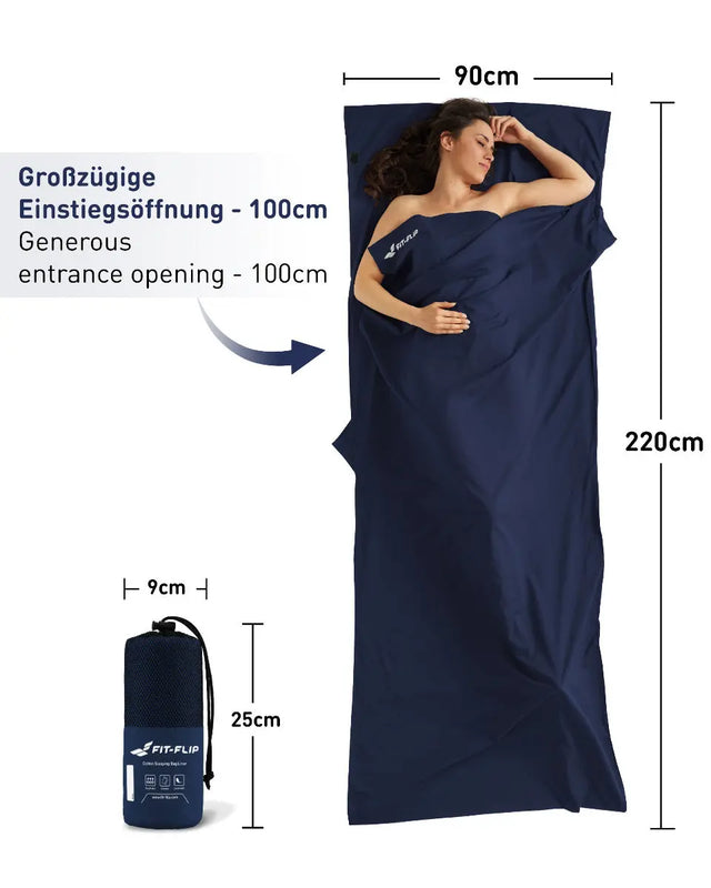 Hüttenschlafsack Baumwolle ultraleicht mit Kissenfach 90x220cm marine von Fit-Flip