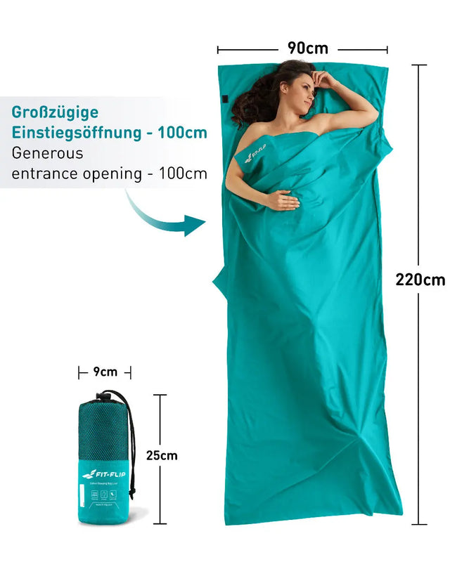 Hüttenschlafsack Baumwolle ultraleicht mit Kissenfach 90x220cm türkis von Fit-Flip