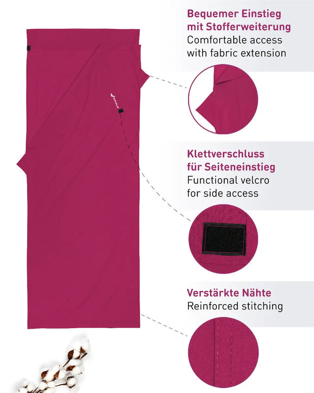 Hüttenschlafsack Baumwolle ultraleicht mit Kissenfach 90x220cm beere von Fit-Flip