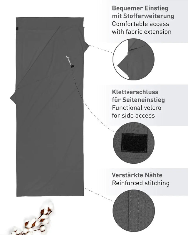 Hüttenschlafsack Baumwolle ultraleicht mit Kissenfach 90x220cm dunkelgrau von Fit-Flip