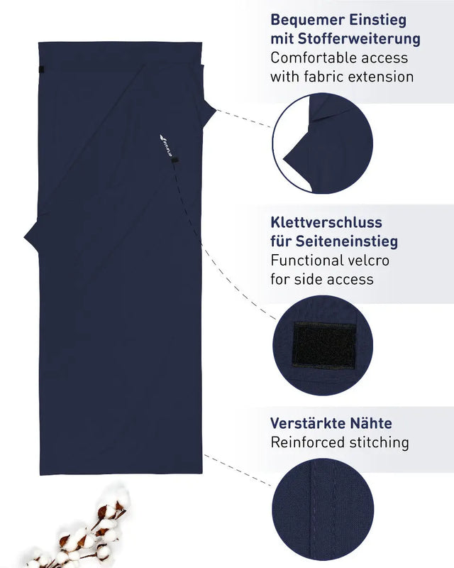 Hüttenschlafsack Baumwolle ultraleicht mit Kissenfach 90x220cm marine von Fit-Flip