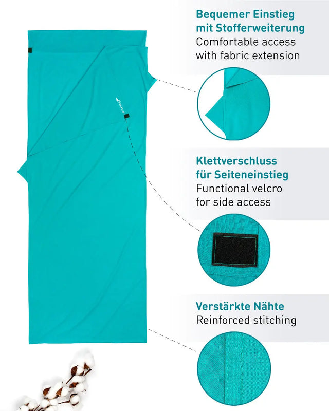 Hüttenschlafsack Baumwolle ultraleicht mit Kissenfach 90x220cm türkis von Fit-Flip