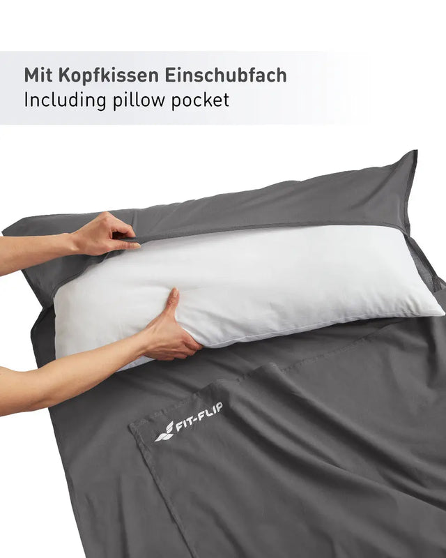 Hüttenschlafsack Baumwolle ultraleicht mit Kissenfach 90x220cm dunkelgrau von Fit-Flip