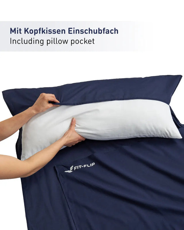 Hüttenschlafsack Baumwolle ultraleicht mit Kissenfach 90x220cm marine von Fit-Flip