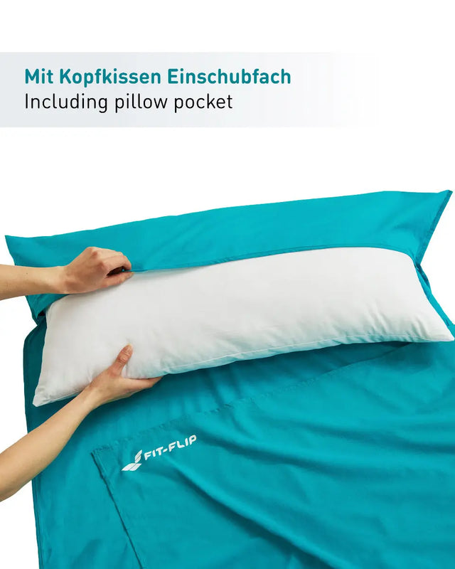 Hüttenschlafsack Baumwolle ultraleicht mit Kissenfach 90x220cm türkis von Fit-Flip