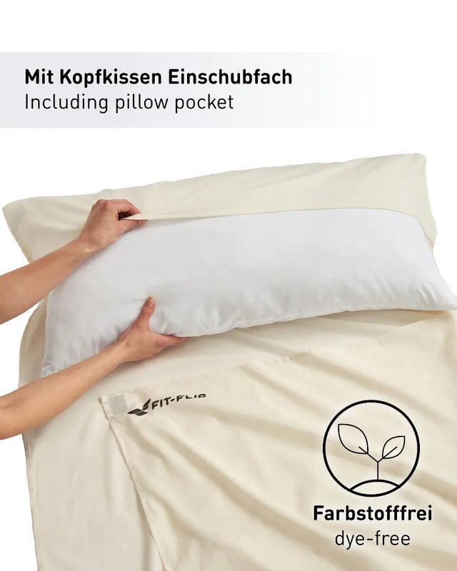 Hüttenschlafsack Baumwolle ultraleicht mit Kissenfach 90x220cm Weiss von Fit-Flip