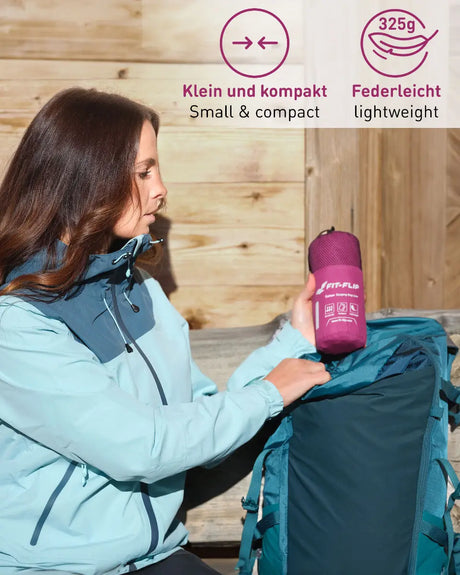 Hüttenschlafsack Baumwolle ultraleicht mit Kissenfach 90x220cm beere von Fit-Flip