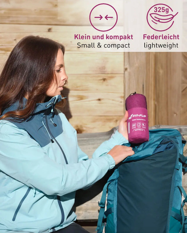 Hüttenschlafsack Baumwolle ultraleicht mit Kissenfach 90x220cm beere von Fit-Flip