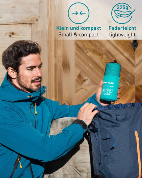 Hüttenschlafsack Baumwolle ultraleicht mit Kissenfach 90x220cm türkis von Fit-Flip