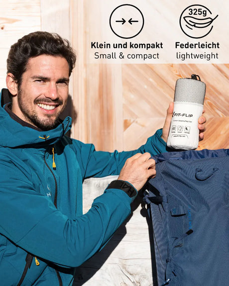 Hüttenschlafsack Baumwolle ultraleicht mit Kissenfach 90x220cm Weiss von Fit-Flip