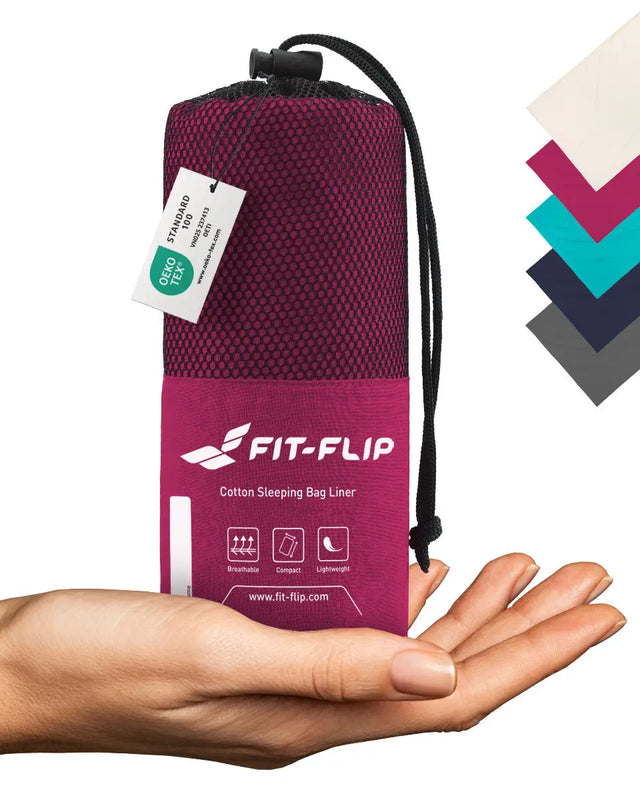 Hüttenschlafsack Baumwolle ultraleicht mit Kissenfach 90x220cm beere von Fit-Flip