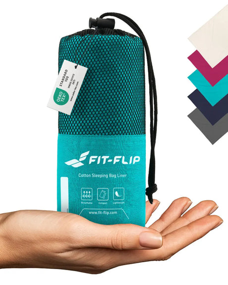 Hüttenschlafsack Baumwolle ultraleicht mit Kissenfach 90x220cm türkis von Fit-Flip