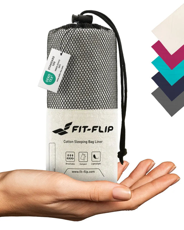 Hüttenschlafsack Baumwolle ultraleicht mit Kissenfach 90x220cm Weiss von Fit-Flip