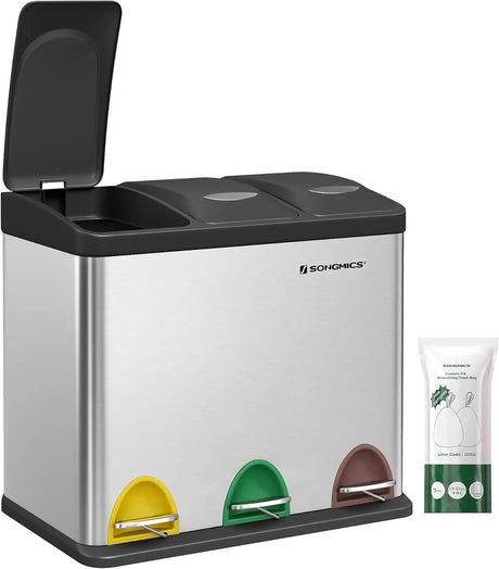 Mülleimer Küche 24L Mülltrennsystem 3 Fächer silbern-schwarz inkl. Müllsäcke von Songmics