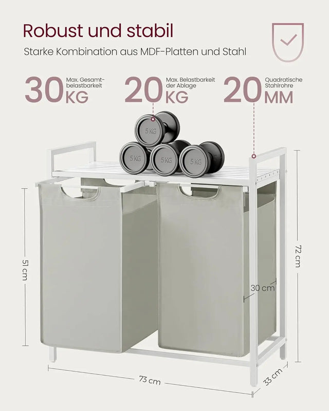 Wäschekorb mit 2 Fächern und Ablage, cremeweiss-mattweiss von Songmics