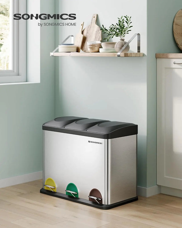 Mülleimer Küche 3-Fächer Treteimer Silber-Schwarz von Songmics