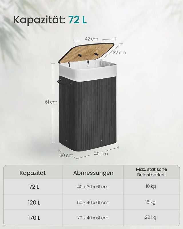 Wäschekorb Bambus faltbar 72L Schwarz von Songmics