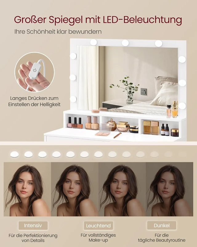 Schminktisch LED Beleuchtung Spiegel Schubladen Weiss von Songmics