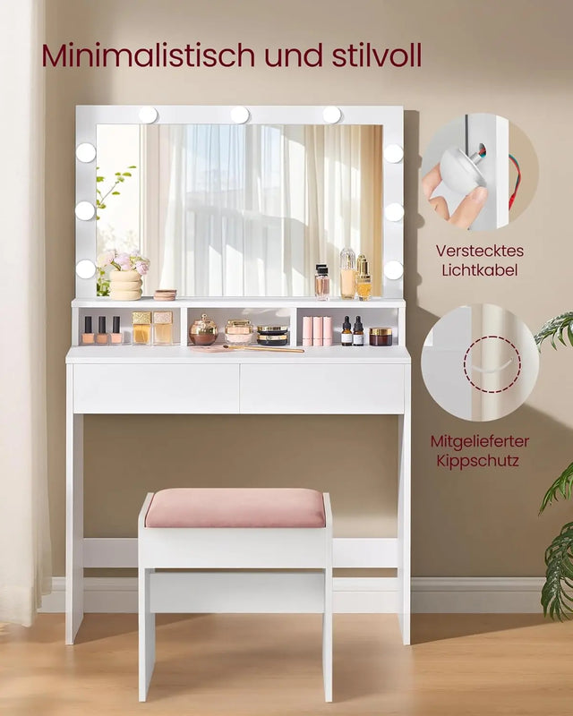 Schminktisch LED Beleuchtung Spiegel Schubladen Weiss von Songmics