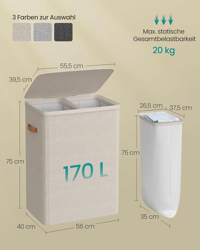 Wäschekorb Gross 170L Zwei Fächer Cappuccinobeige von Songmics