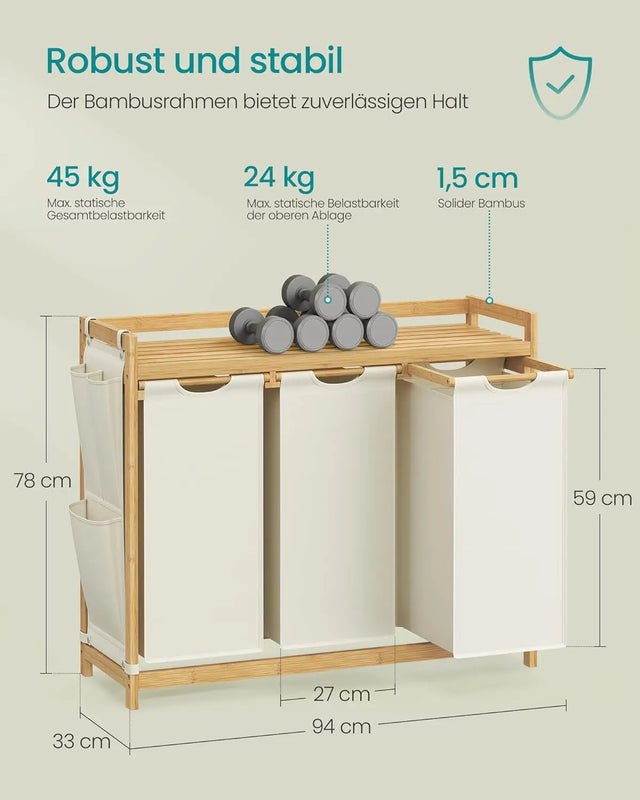 Wäschekorb Bambus 3 Fächer Cremeweiss von Songmics