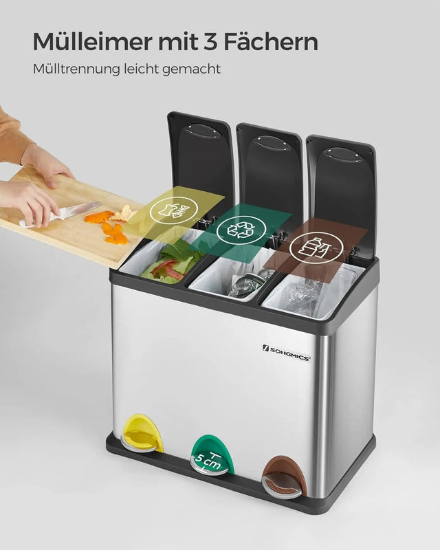Mülleimer Küche 24L Mülltrennsystem 3 Fächer silbern-schwarz inkl. Müllsäcke von Songmics
