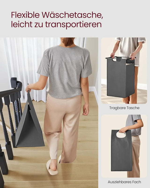 Wäschekorb mit 2 Fächern und Ablage, schiefergrau-vintagebraun von Songmics