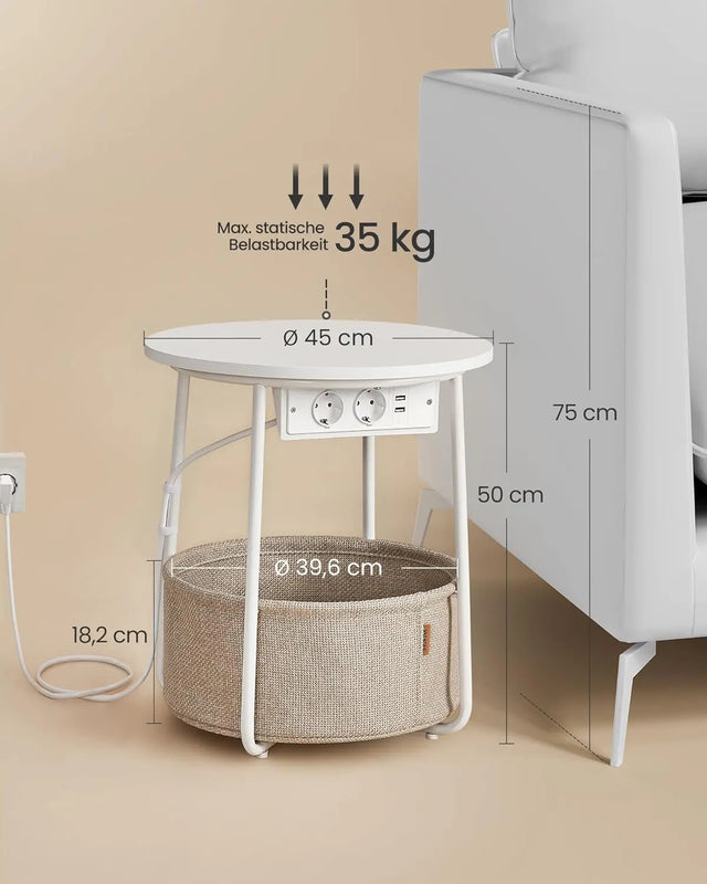 Beistelltisch mit Steckdose Stauraum, Mattweiss-Kamelbraun von Songmics