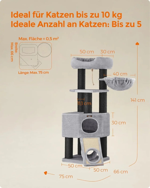 Kratzbaum mit Höhle und Hängematte hellgrau-schwarz von Songmics