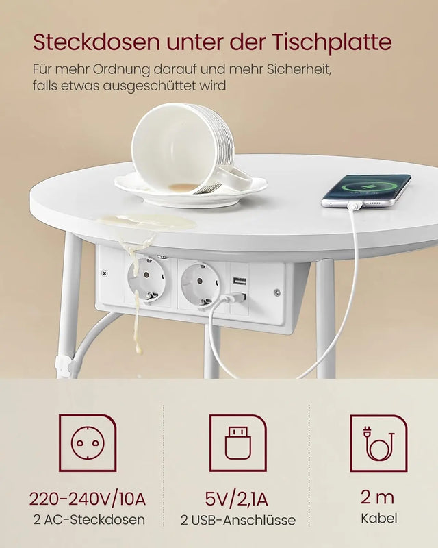 Beistelltisch mit Steckdose Stauraum, Mattweiss-Kamelbraun von Songmics