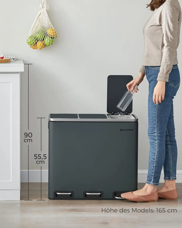Mülleimer Küche Mülltrennsystem 3 Fächer Grüngrau von Songmics