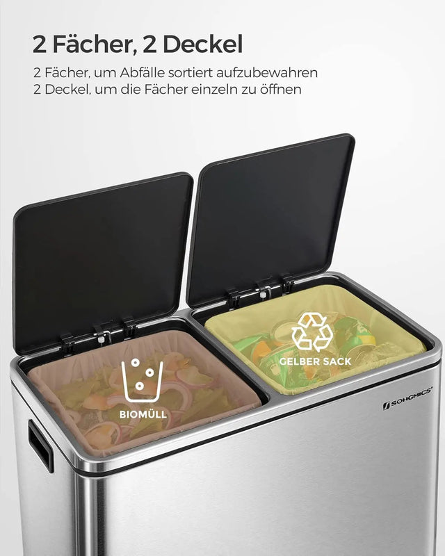 Mülleimer 60L Mülltrennsystem Treteimer Küche Silber von Songmics