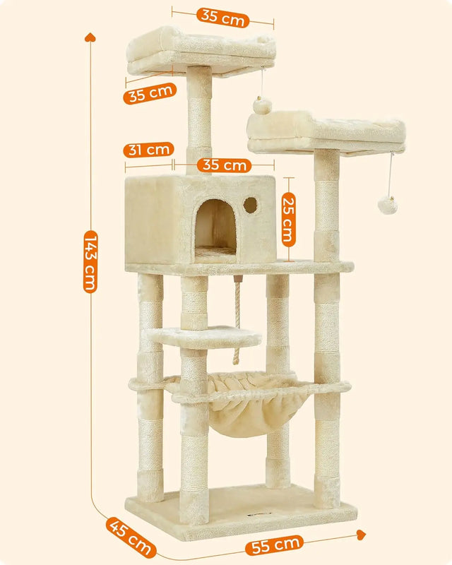 Kratzbaum Mehrstöckig mit Hängematte Beige von Songmics