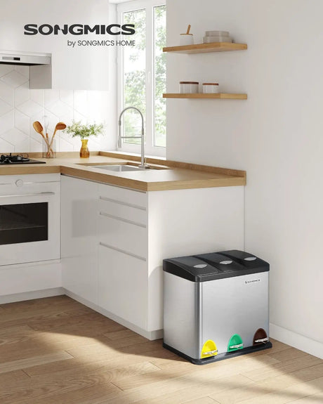 Mülleimer Küche 24L Mülltrennsystem 3 Fächer silbern-schwarz inkl. Müllsäcke von Songmics