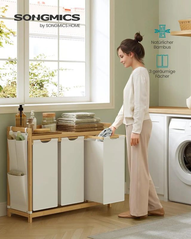 Wäschekorb Bambus 3 Fächer Cremeweiss von Songmics