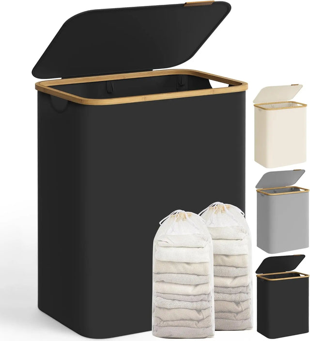 Wäschekorb 2 Fächer Bambus Griffe Schwarz von Songmics