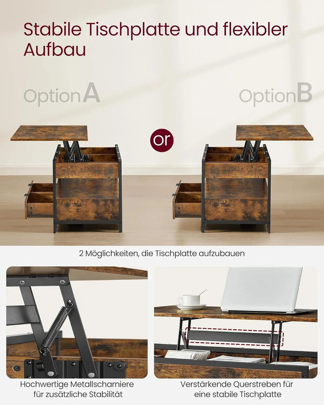 Couchtisch Höhenverstellbar Schubladen Vintagebraun Tintenschwarz von Songmics