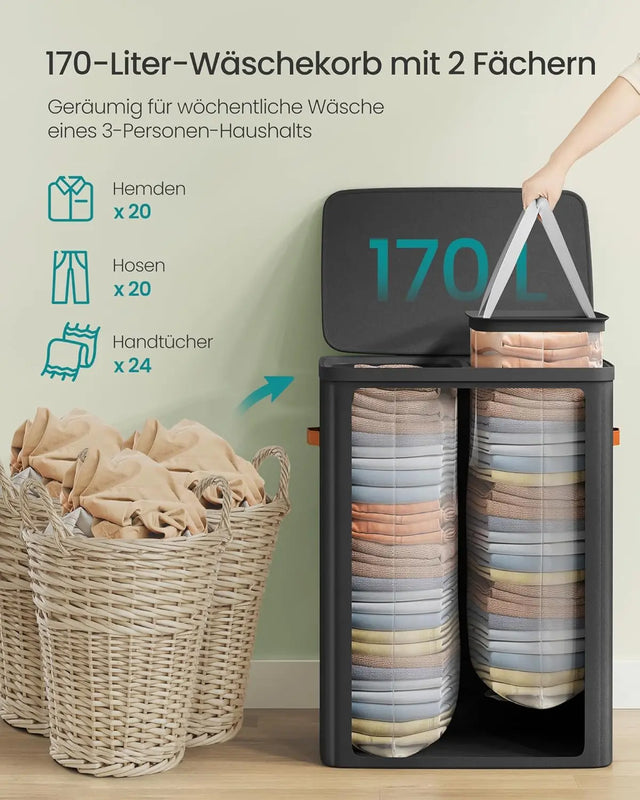 Wäschekorb 170L 2 Fächer Deckel Tintenschwarz von Songmics