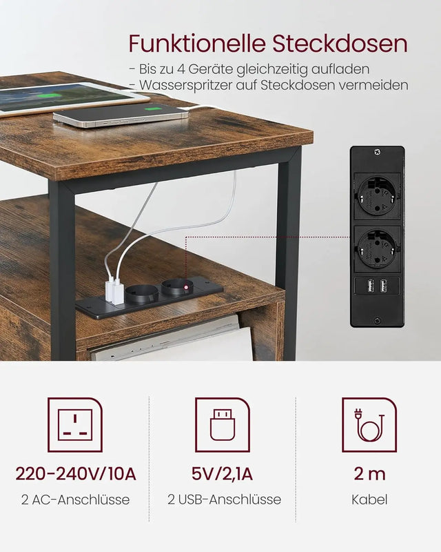 Beistelltisch mit Steckdosenleiste Vintagebraun-Schwarz von Songmics