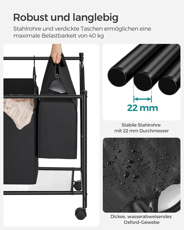 Wäschekorb mit Rollen, 4 Fächer, schwarz von Songmics