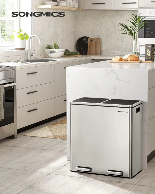 Mülleimer 60L Mülltrennsystem Treteimer Küche Silber von Songmics