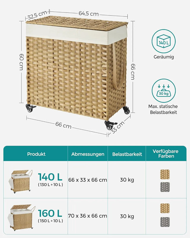 Wäschekorb Rattan-Optik 3 Fächer Naturfarben von Songmics