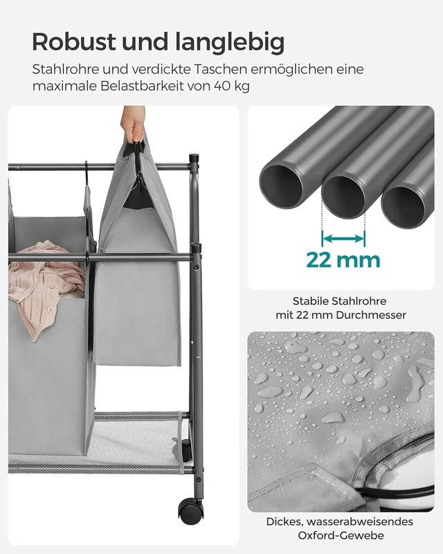 Wäschekorb mit Rollen und 4 Stofftaschen Grau von Songmics