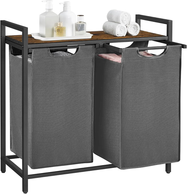 Wäschekorb mit 2 Fächern und Ablage, schiefergrau-vintagebraun von Songmics