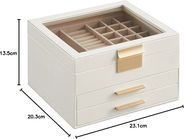 Schmuckkästchen mit Glasdeckel 3 Ebenen wolkenweiss-golden von Songmics