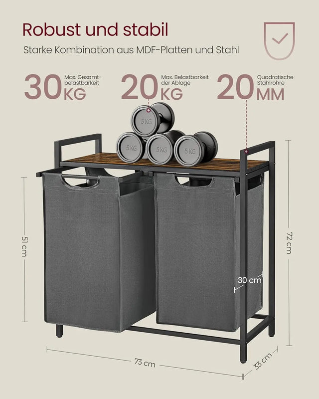 Wäschekorb mit 2 Fächern und Ablage, schiefergrau-vintagebraun von Songmics