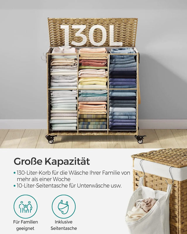 Wäschekorb Rattan-Optik 3 Fächer Naturfarben von Songmics