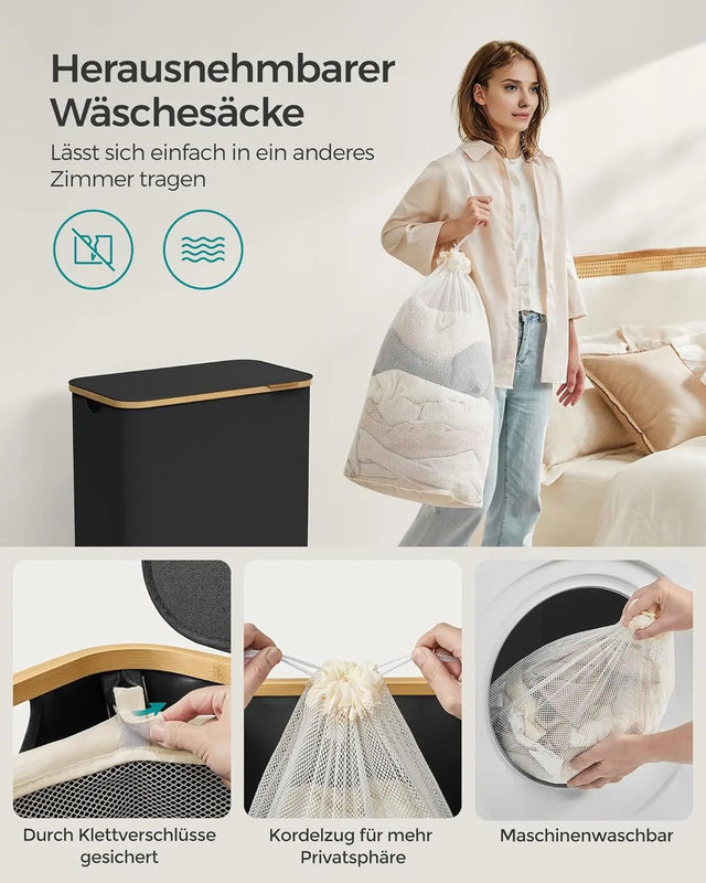 Wäschekorb 2 Fächer Bambus Griffe Schwarz von Songmics