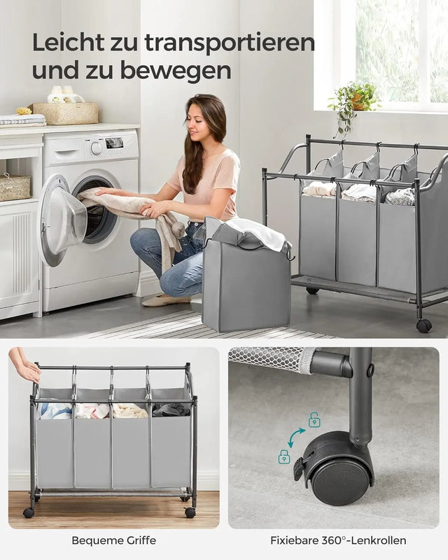 Wäschekorb mit Rollen und 4 Stofftaschen Grau von Songmics